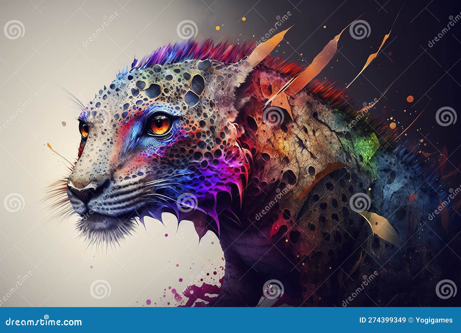 animal head is painted on a gray background with color, in the style of mixes realistic and fantastical s, color gradients.