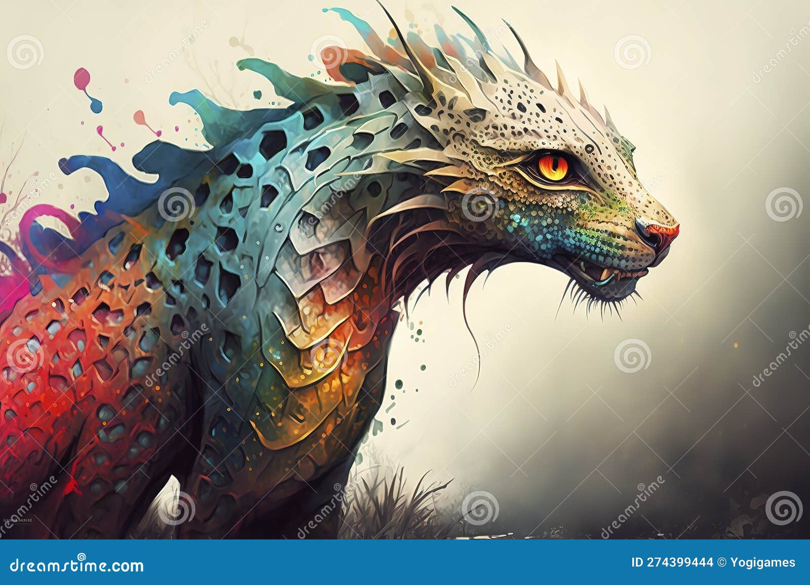 animal head is painted on a gray background with color, in the style of mixes realistic and fantastical s, color gradients.