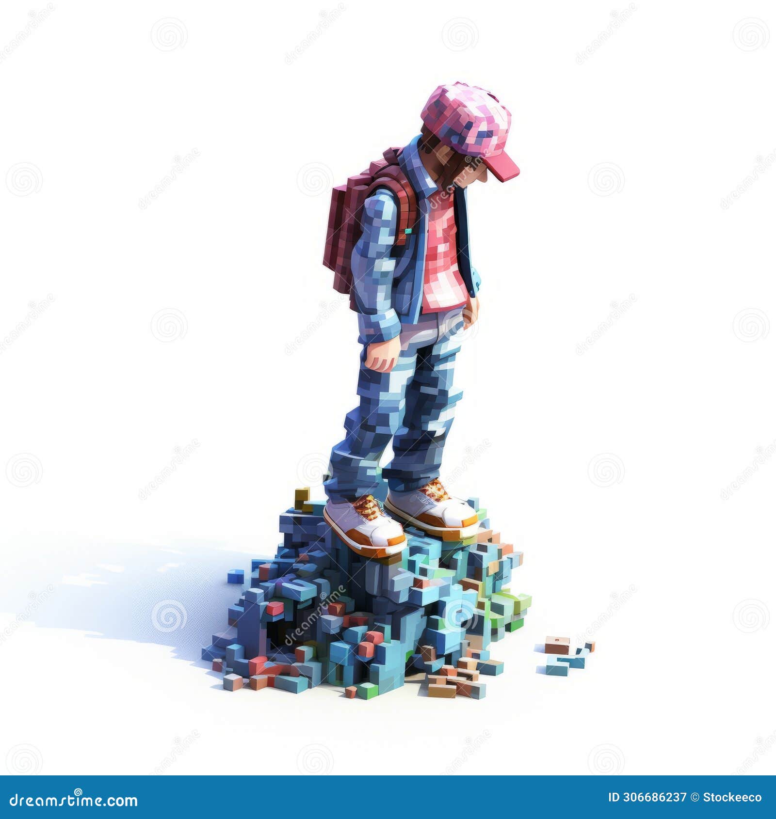 colorful 3d pixel art boy standing on bricks with glitch textures