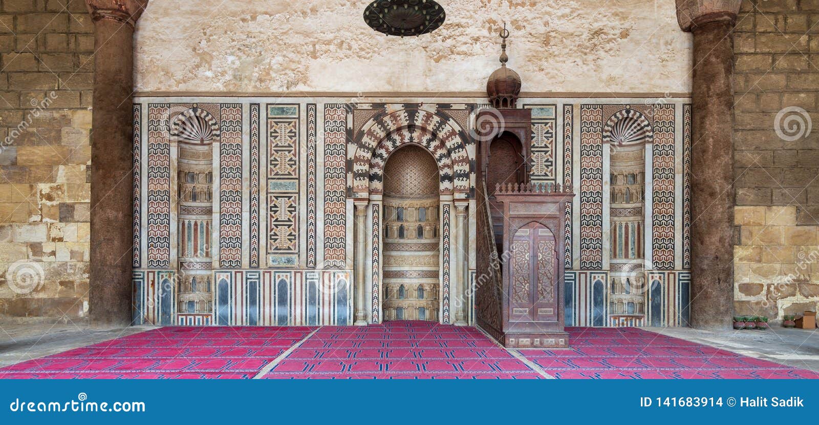 engraved mihrab niche and wooden minbar platform, mosque of al nasir mohammad ibn qalawun, citadel of cairo, egypt