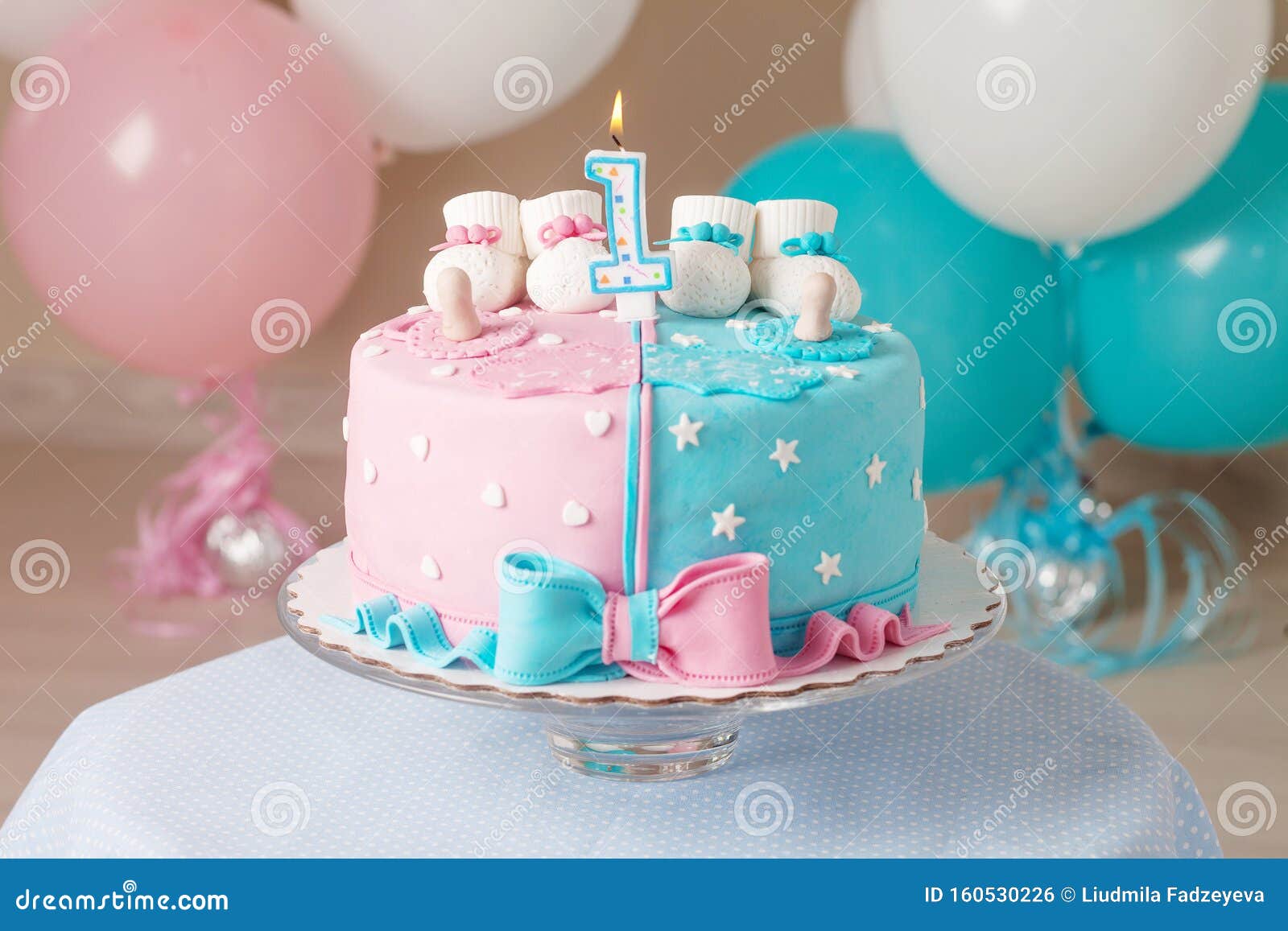 Colorful Decoration of a First Year Birthday Cake for Twins. Happy Birthday  Stock Photo - Image of cake, balloon: 160530226
