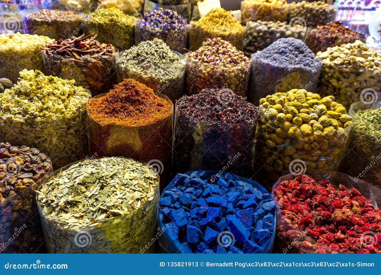 Colorful Different Spices in the Spice Market Souk in Old Dubai Stock