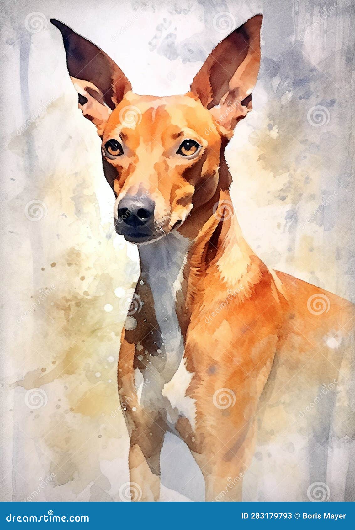 a colorful, digital watercolour painting, showing the portrait of a cirneco dell etna dog