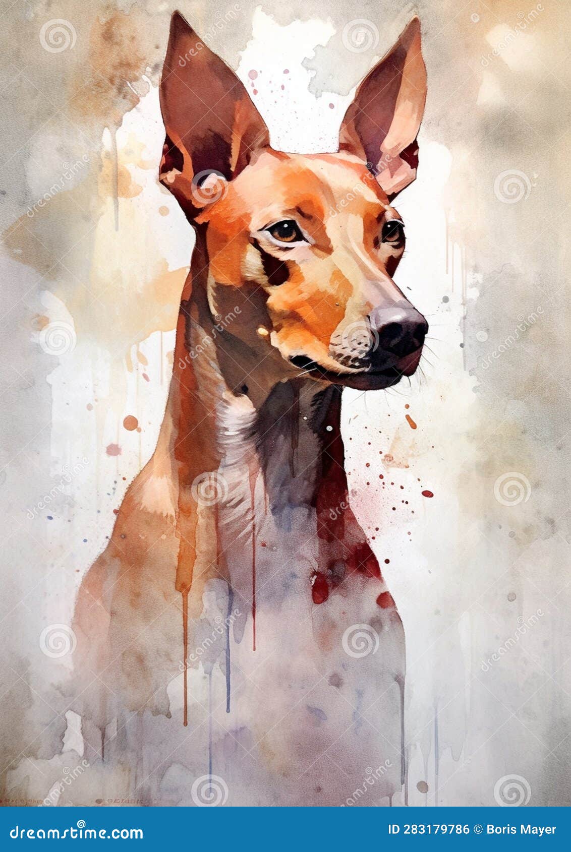 a colorful, digital watercolour painting, showing the portrait of a cirneco dell etna dog.