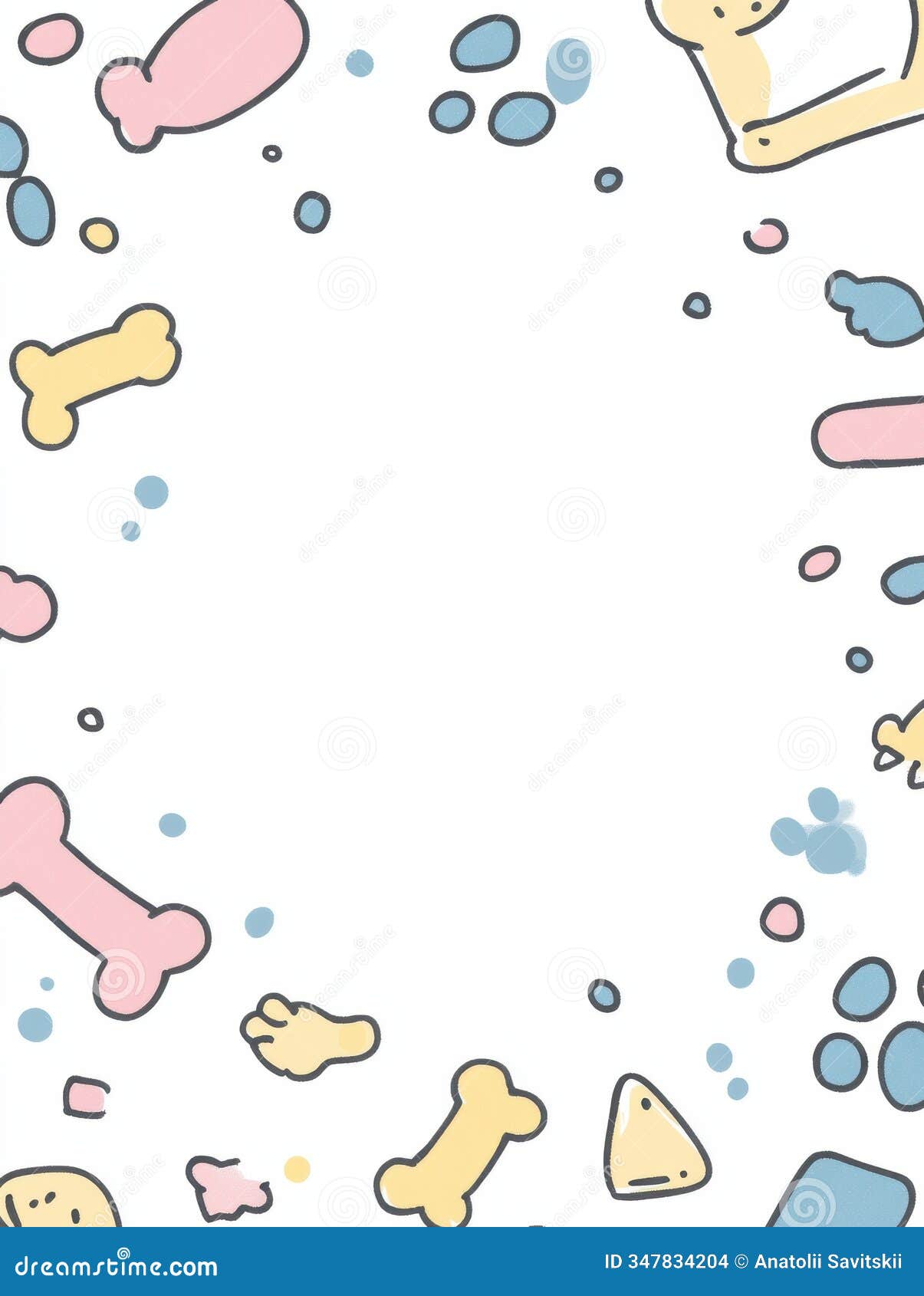 colorful doodle banner with a playful  showcasing dog toys, bones, and paw prints, providing an empty space for