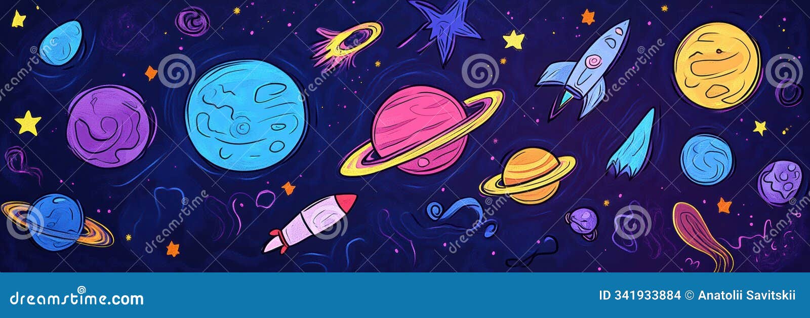 colorful doodles depict planets, stars, rockets, and asteroids, creating a whimsical cosmic environment filled with