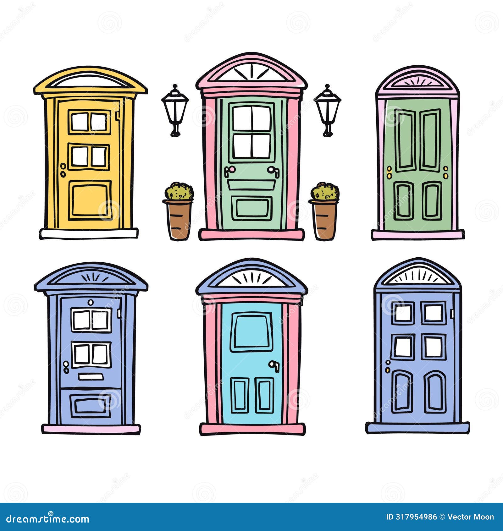 colorful doors lined up street style, six diverse house entrances, cute urban concept. handdrawn