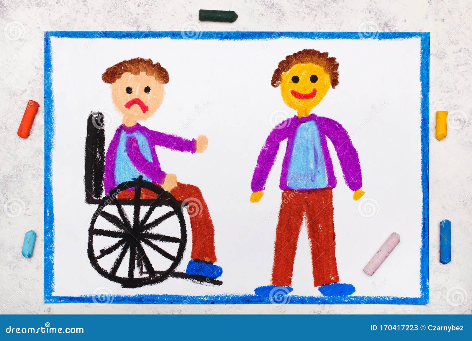 Photo of colorful drawing: Sad boy sitting on his wheelchair. Disabled boy and his healthy friend