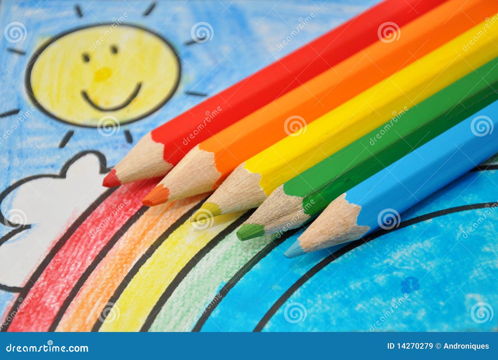 colorful drawing: smiling sun, rainbow, blue sky