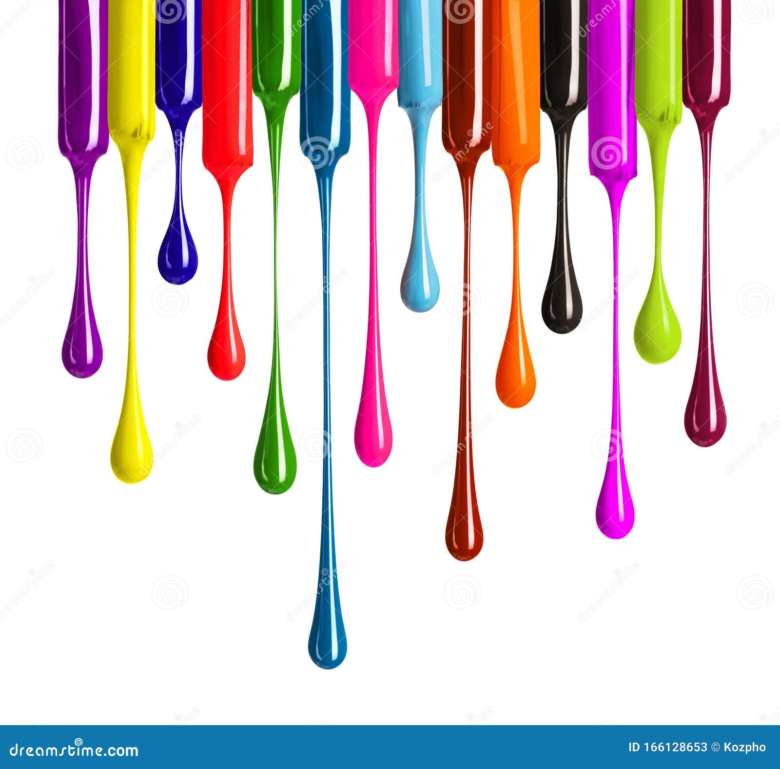 Colorful Drops of Nail Polish Drip from Brushes Closeup on White