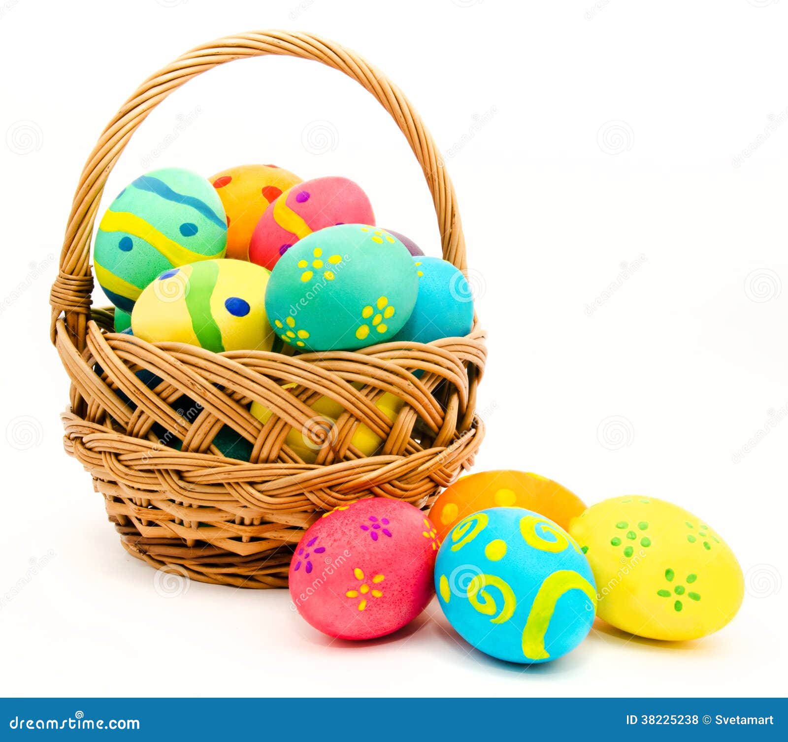 Colorful Easter Eggs in the Basket Isolated on a White Stock Photo