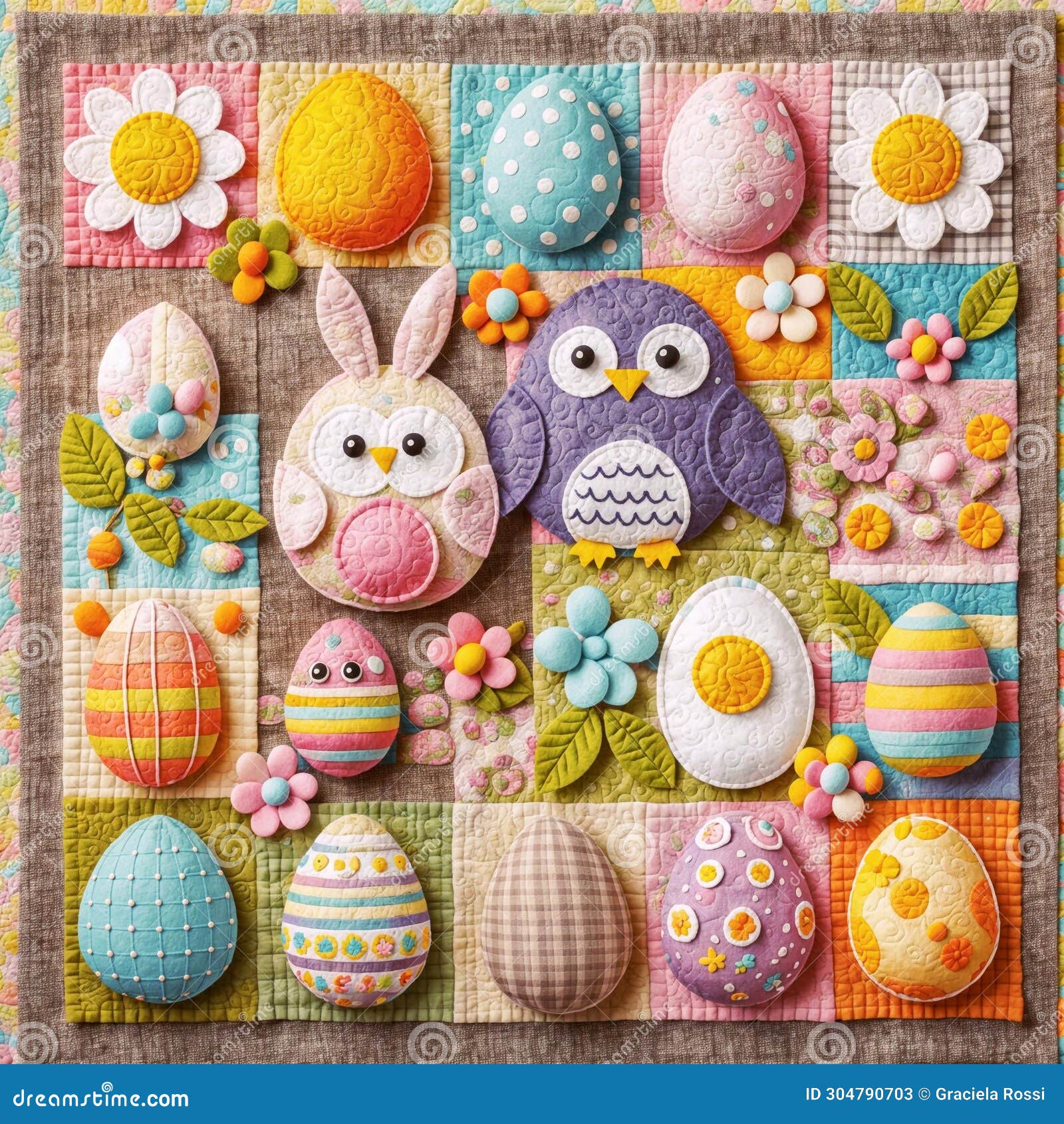 colorful easter eggs and cute owls on a patchwork background