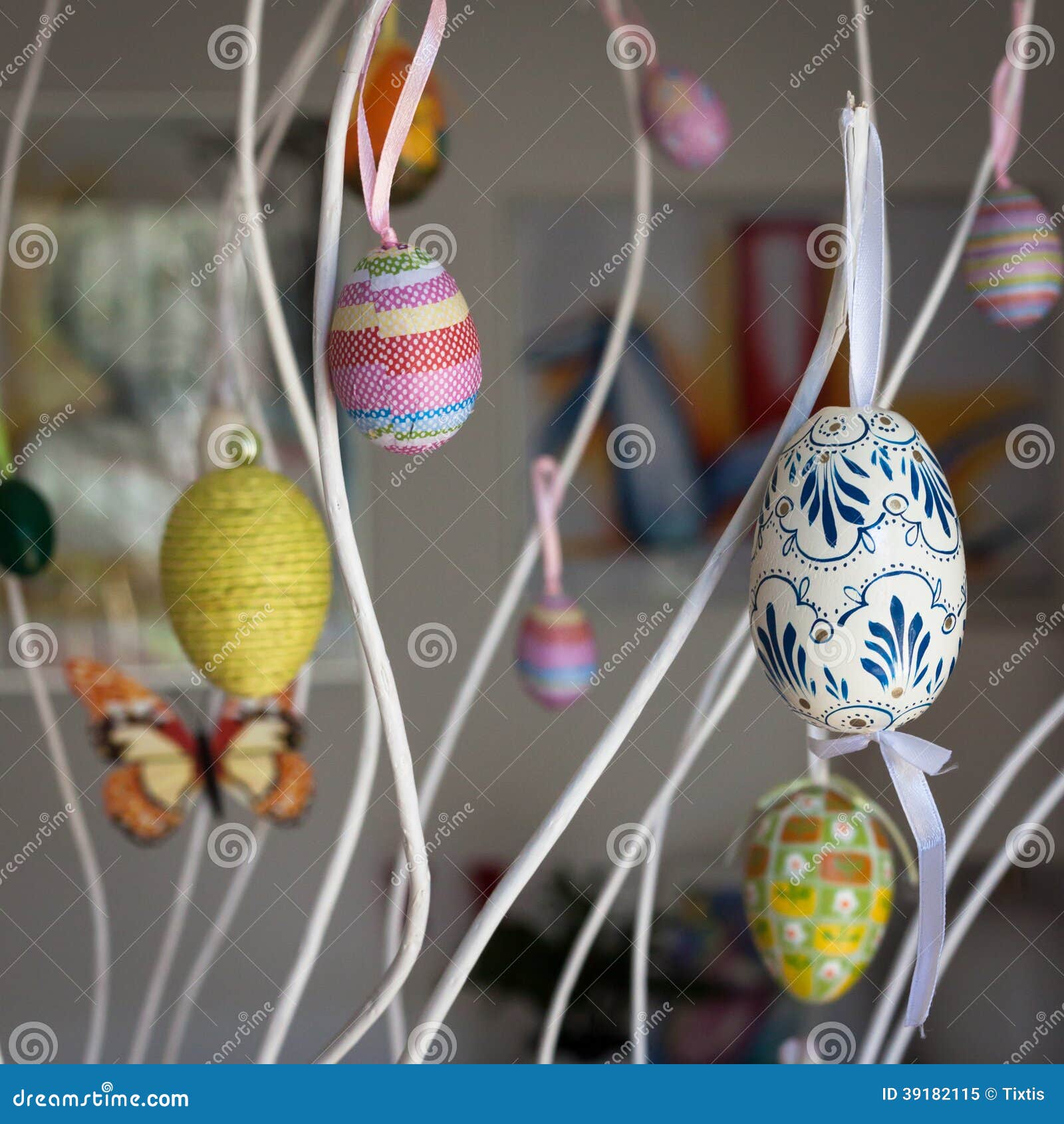 Colorful Easter Eggs Hanging On Branches Stock Image Image of