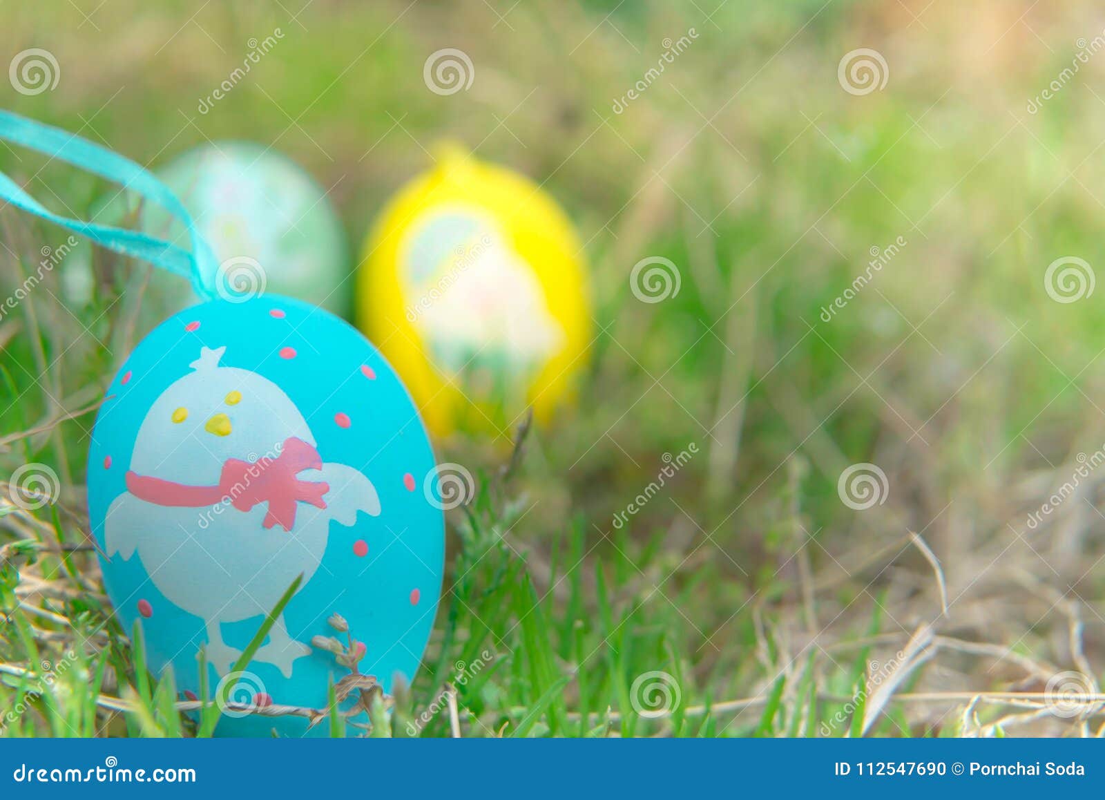Colorful Easter Eggs Hiding on the Grass, Ready for the Egg Hunter Traditional Stock Photo