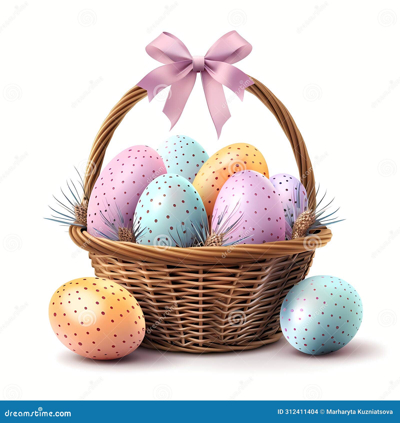 colorful easter eggs in woven basket  on background. easter hunt or sweet present concept
