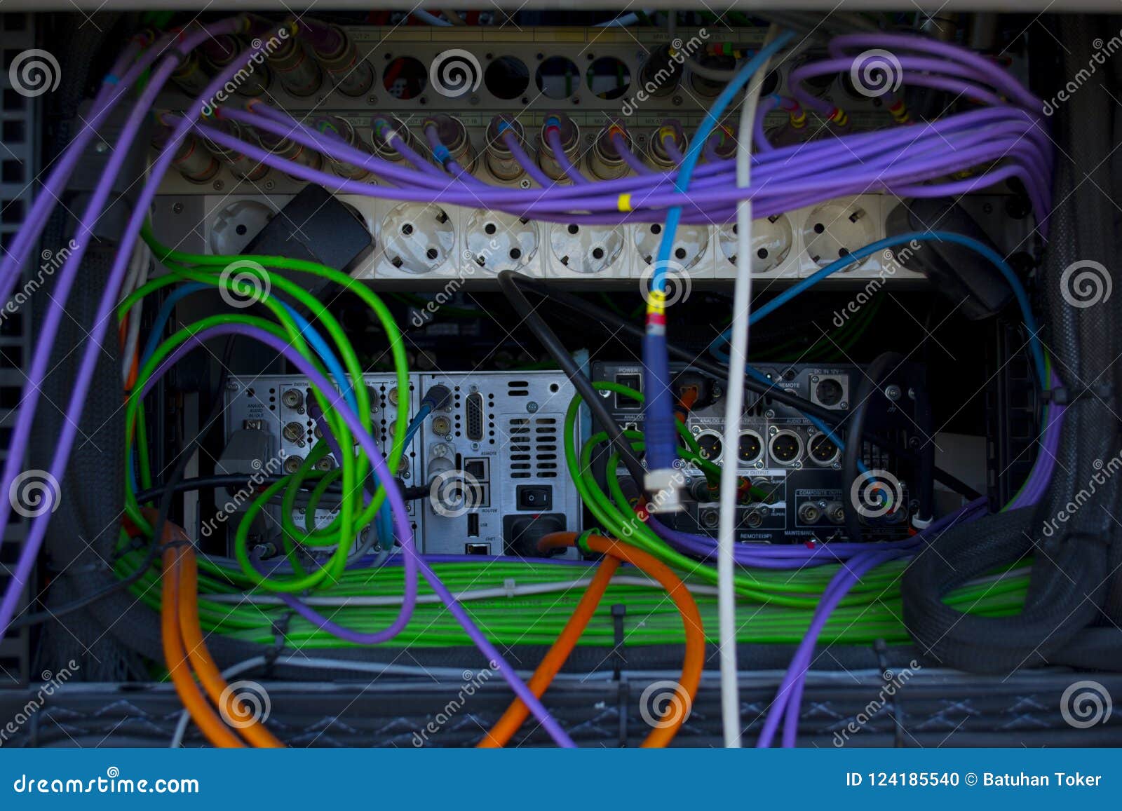 Colorful Electric Cables. Installing Electrical Cables into Broadcasting Equipment and Power