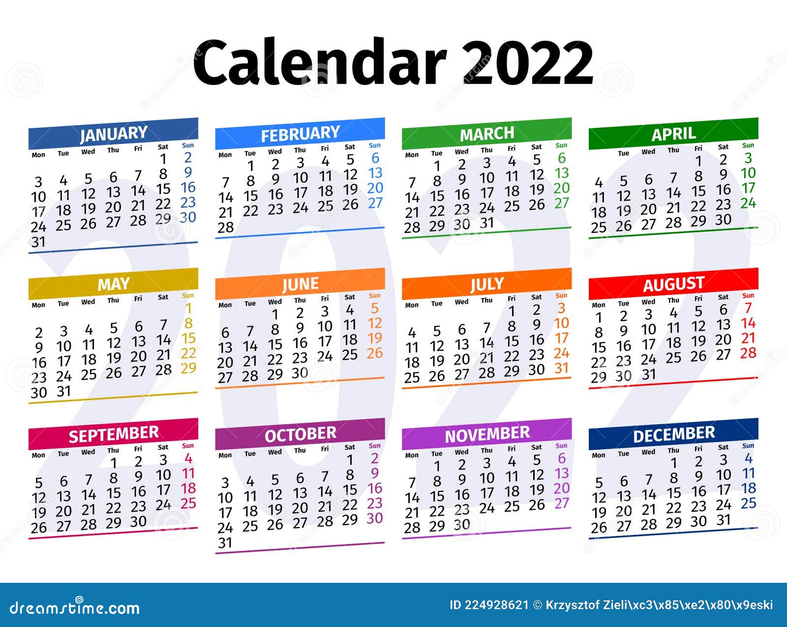 English Calendar 2022 Colorful English Calendar For 2022. Week Starts On Monday. Stock Image -  Illustration Of Saturday, March: 224928621