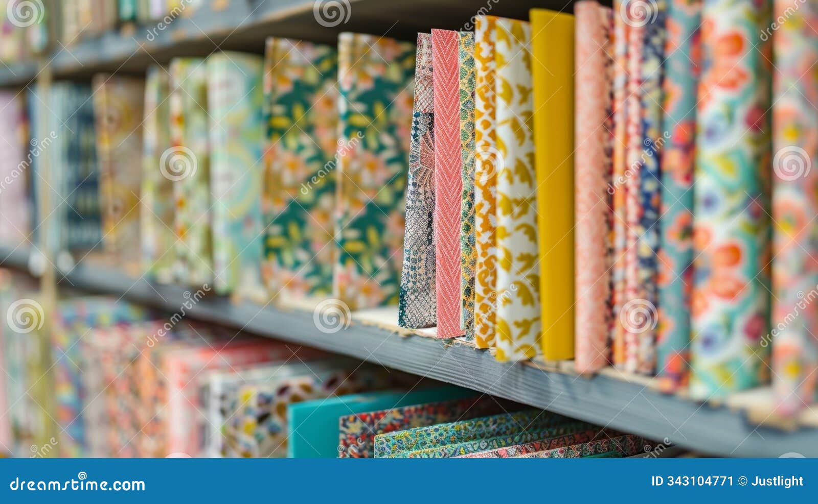 colorful fabrics organized on shelf displaying floral and geometric patterns