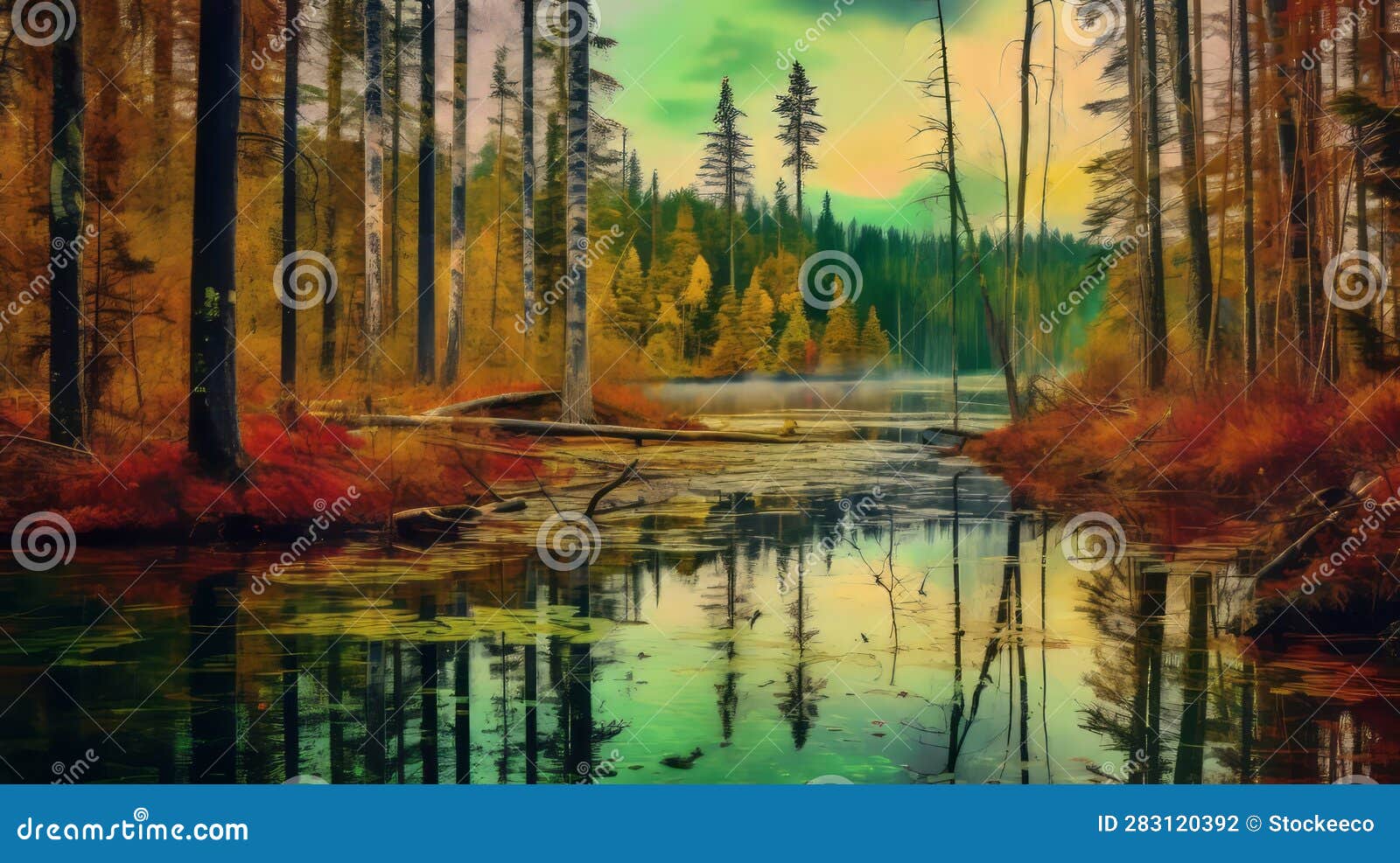 Autumn Landscape Featuring Colorful Trees Reflecting in a Lake in