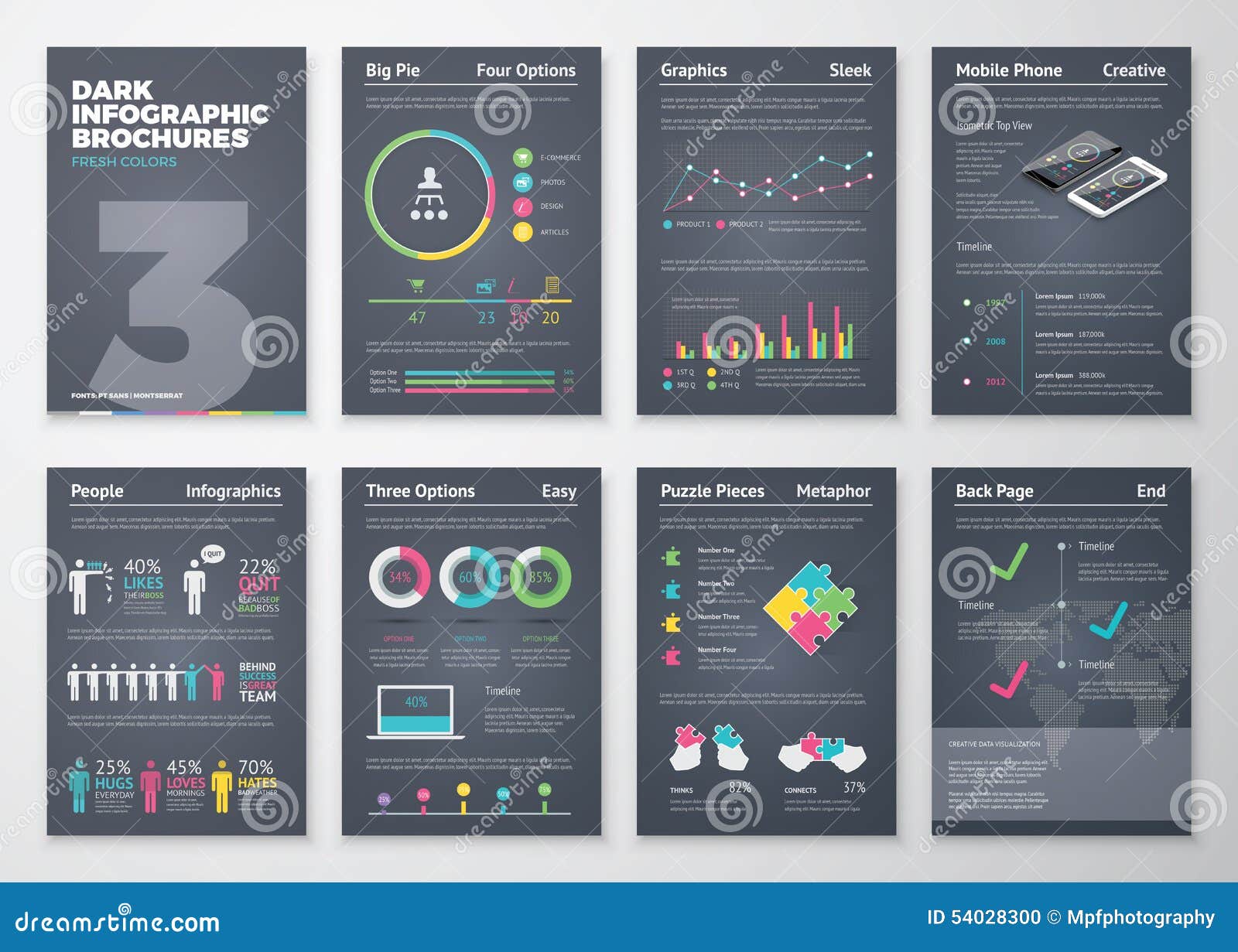 colorful flat infographic templates on dark background