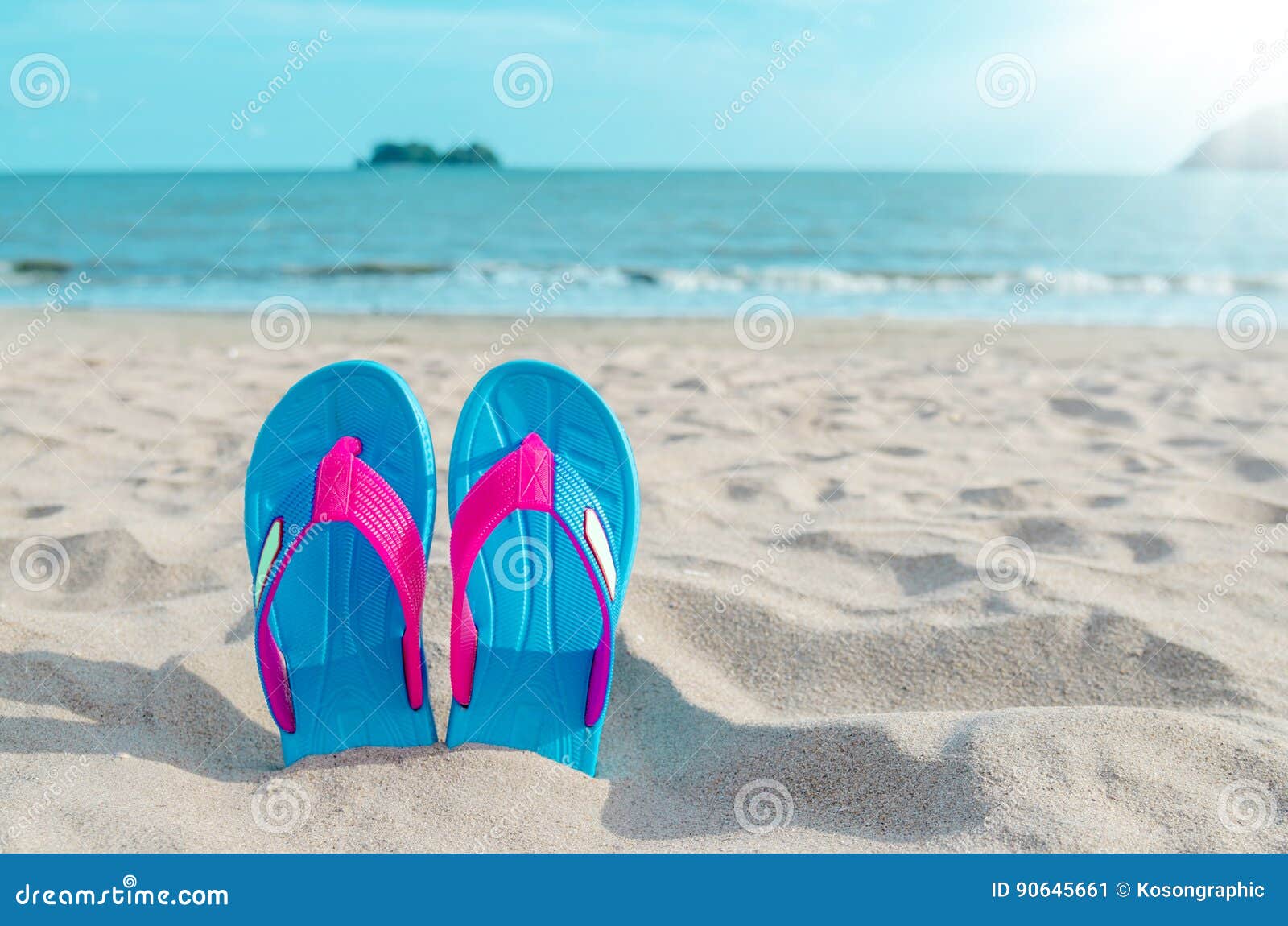 Colorful Flip Flops on Beach Against Sunny Sky. Stock Image - Image of ...