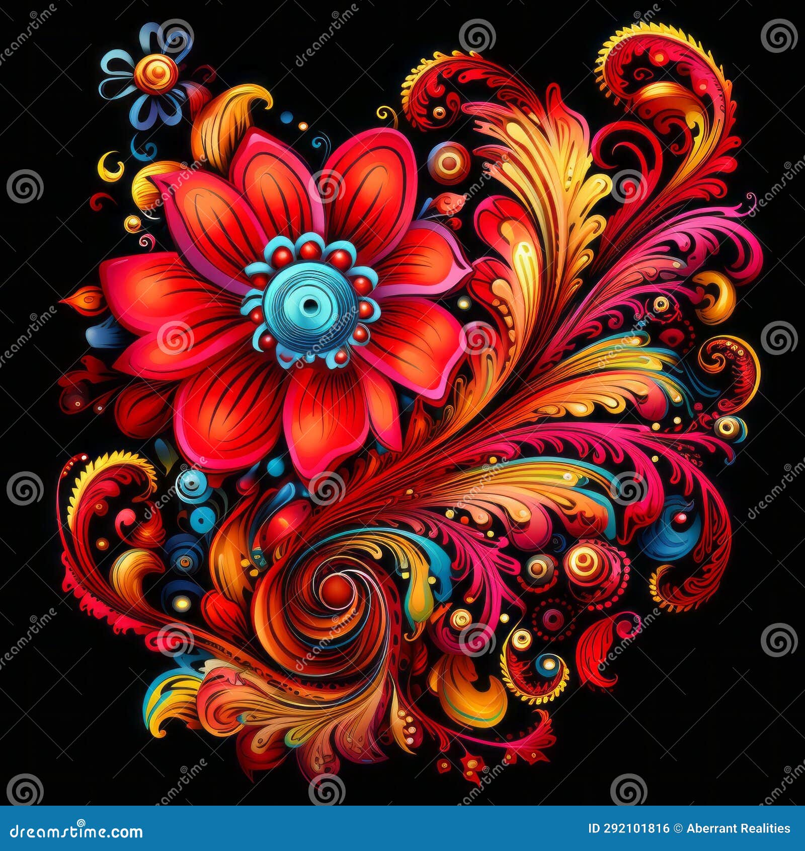 Colorful Floral Design on a Black Background Stock Illustration
