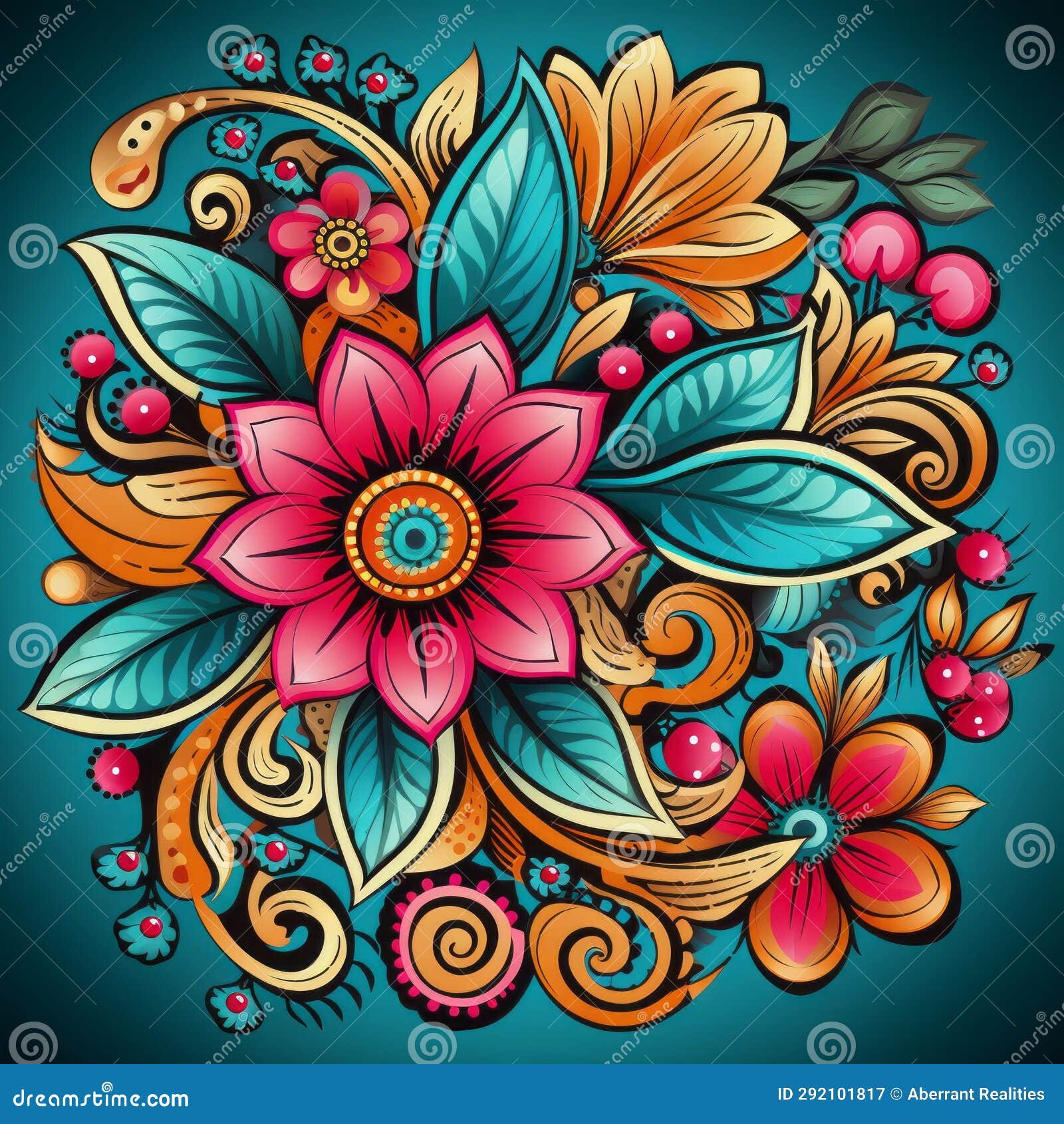 Colorful Floral Design on a Blue Background Stock Illustration