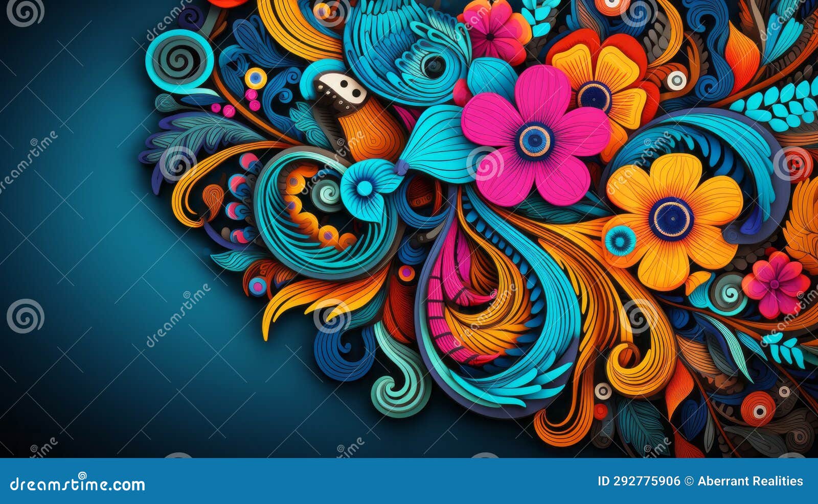 Colorful Floral Design on a Dark Blue Background Stock Illustration