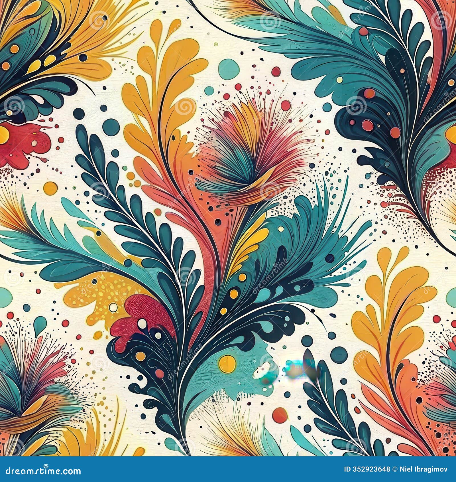 colorful floral pattern with abstract leaves and dots in vibrant palette