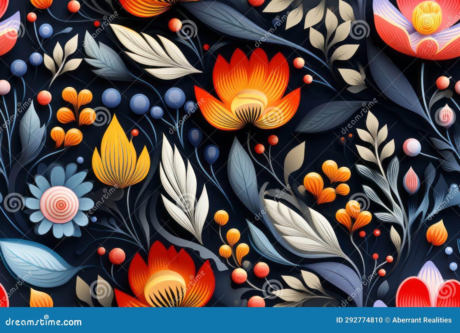A Colorful Floral Pattern on a Black Background Stock Illustration