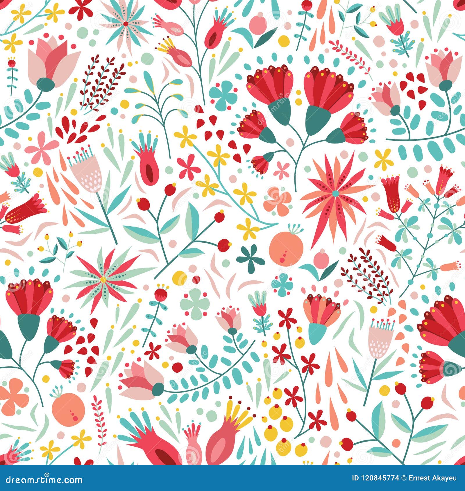 colorful floral seamless pattern with berries, leaves and flowers on white background. decorative botanical backdrop