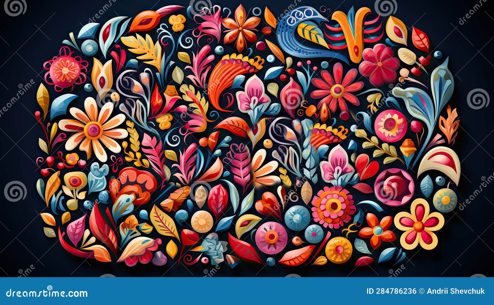 colorful floral  pattern with abstract flowers and leaves on dark background. generative ai