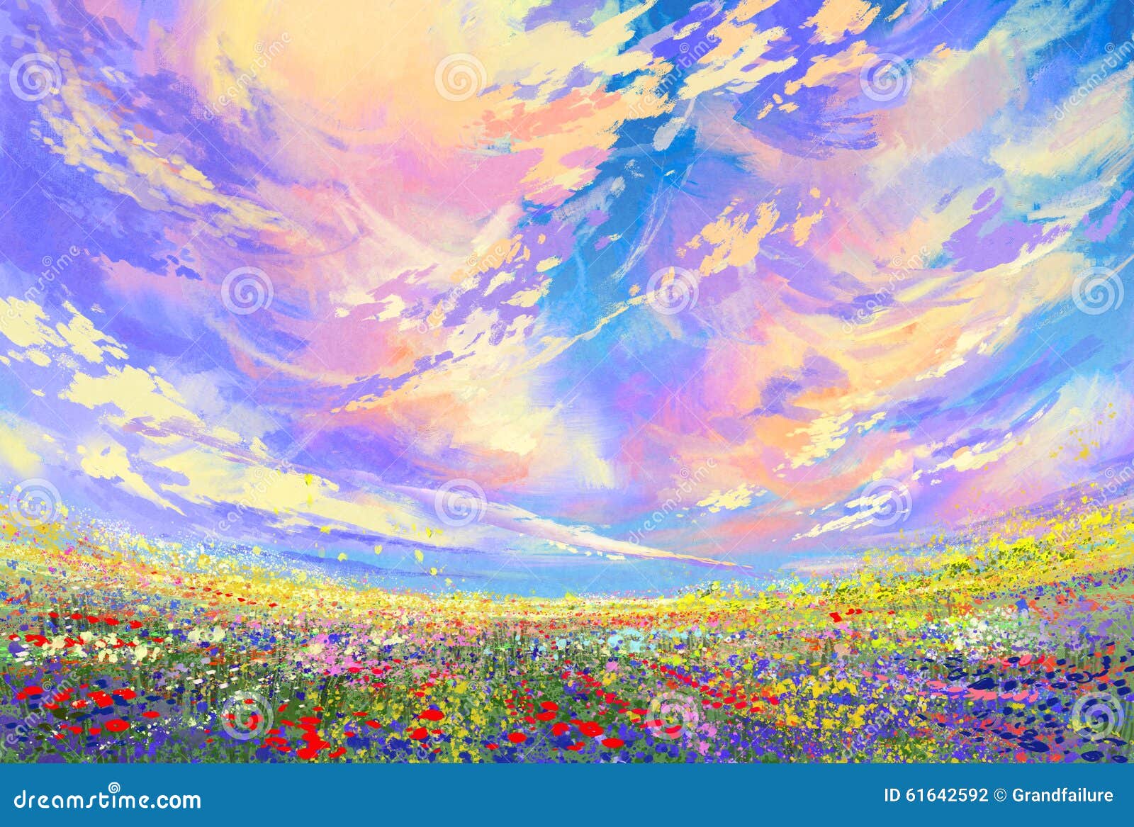 colorful flowers in field under beautiful clouds