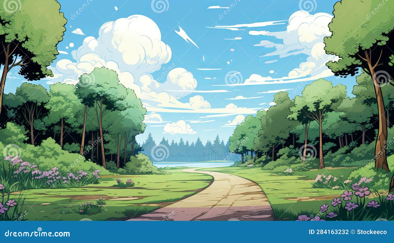 anime scenery of a forest with a path and flowers. generative ai