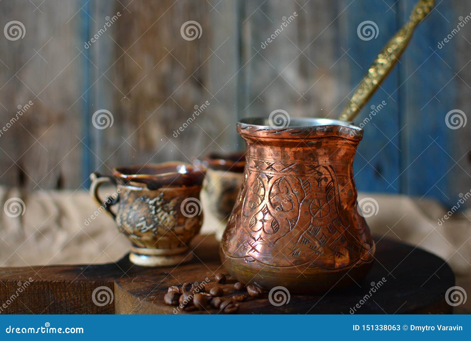 Colorful Fragrant Coffee Serving. Authentic Coffee Pot and Cups Stock