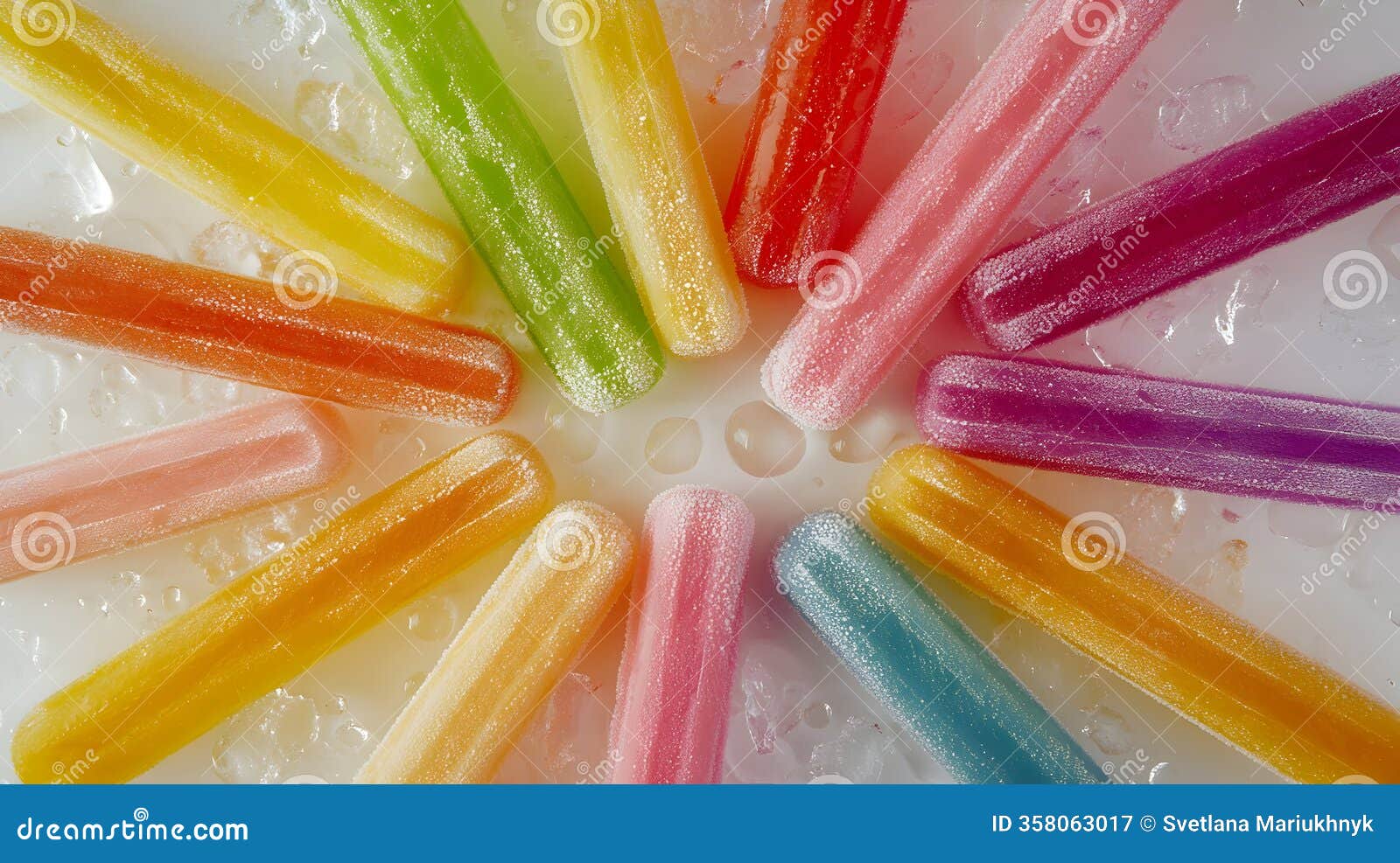 colorful frozen ice pops arranged in a vibrant circle on crushed ice