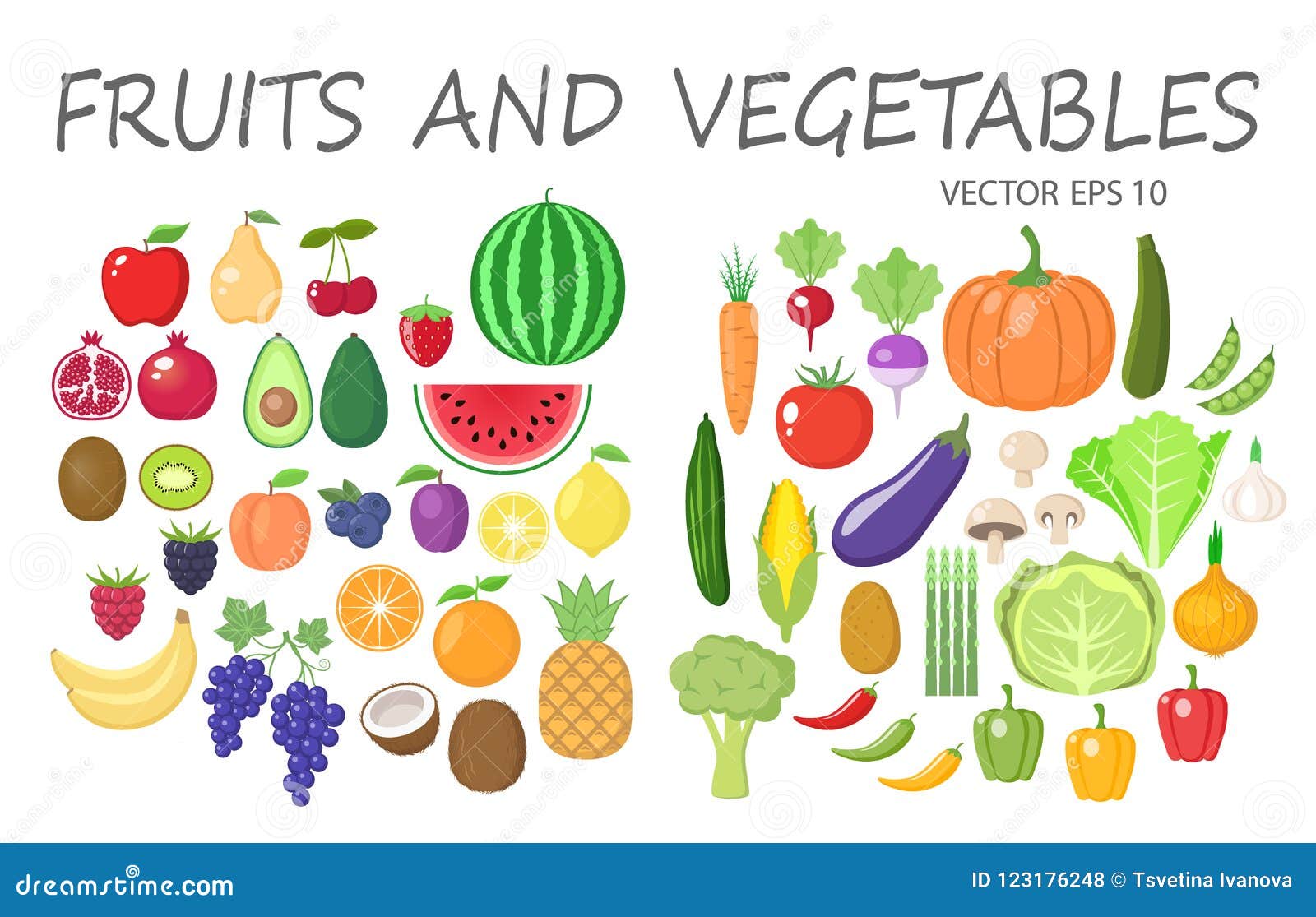 colorful fruits and vegetables clipart set. fruit and vegetable colored cartoon collection.