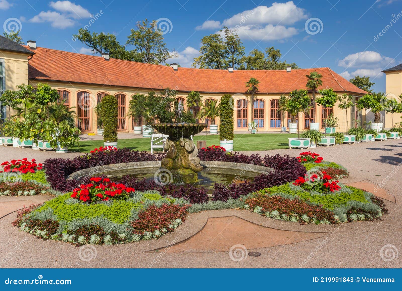 Colorful Garden and Fountain at the Belvedere Castle in Weimar Stock