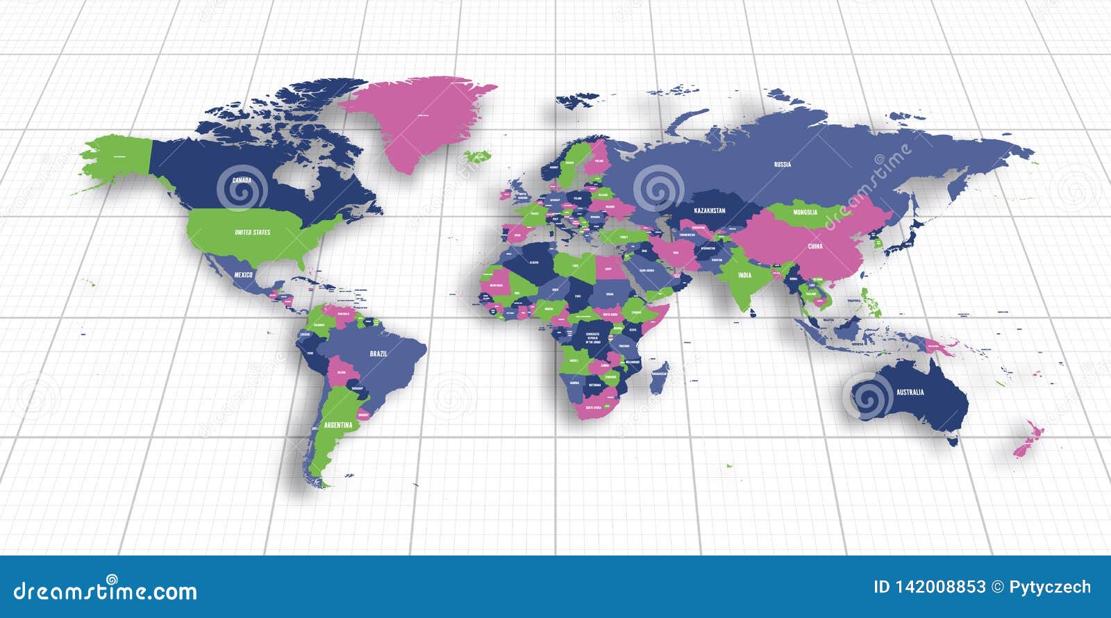 Colorful Geopolitical Map of World. Bottom Perspective View with Background Grid Stock Vector