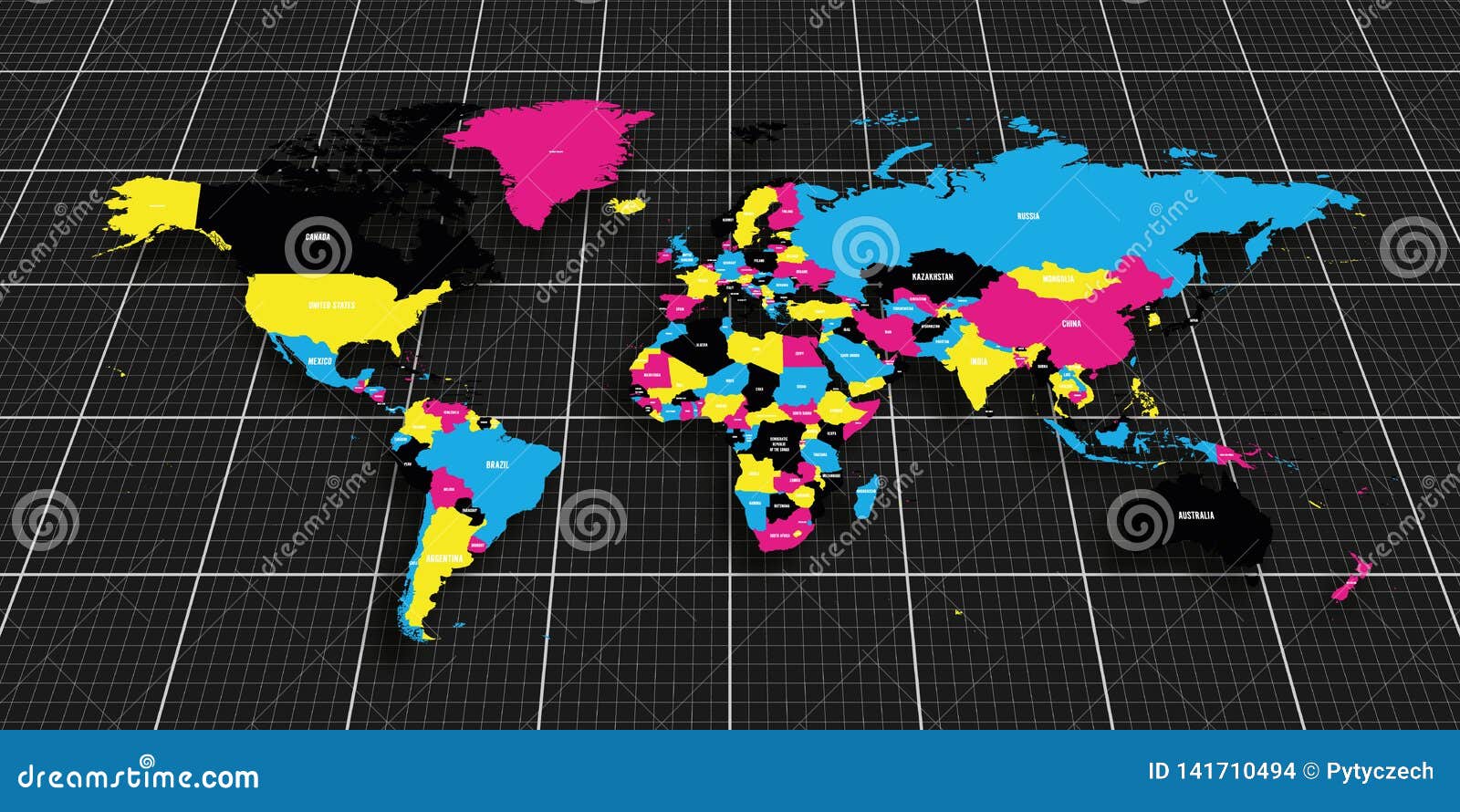 Colorful Geopolitical Map of World. Bottom Perspective View with 