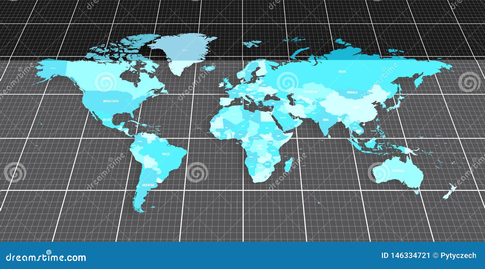 Colorful Geopolitical Map of World. Bottom Perspective View with 