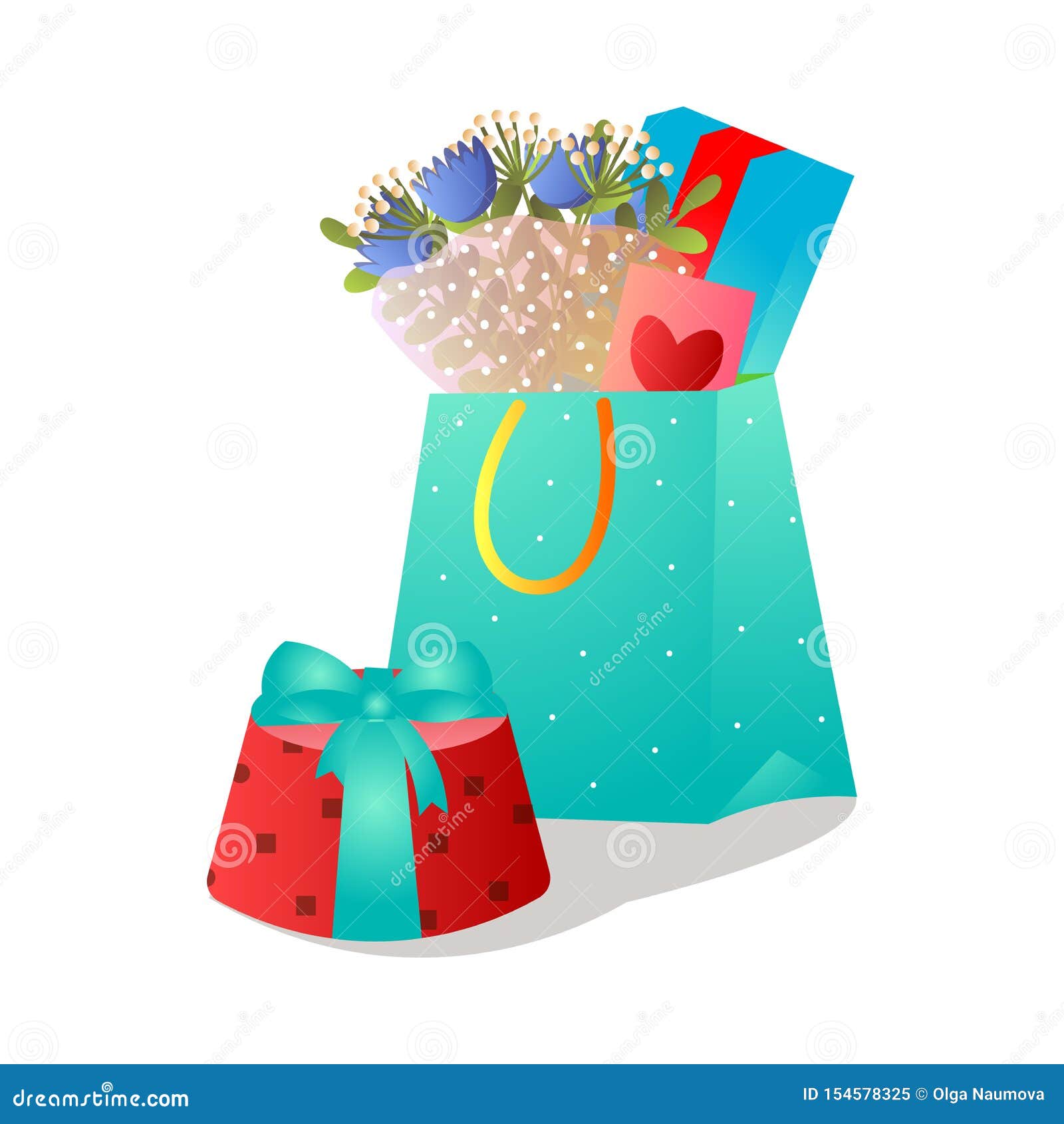 Download Colorful Gift Bag With Fresh Flower Bouquet And Red Gift Box Stock Vector - Illustration of ...