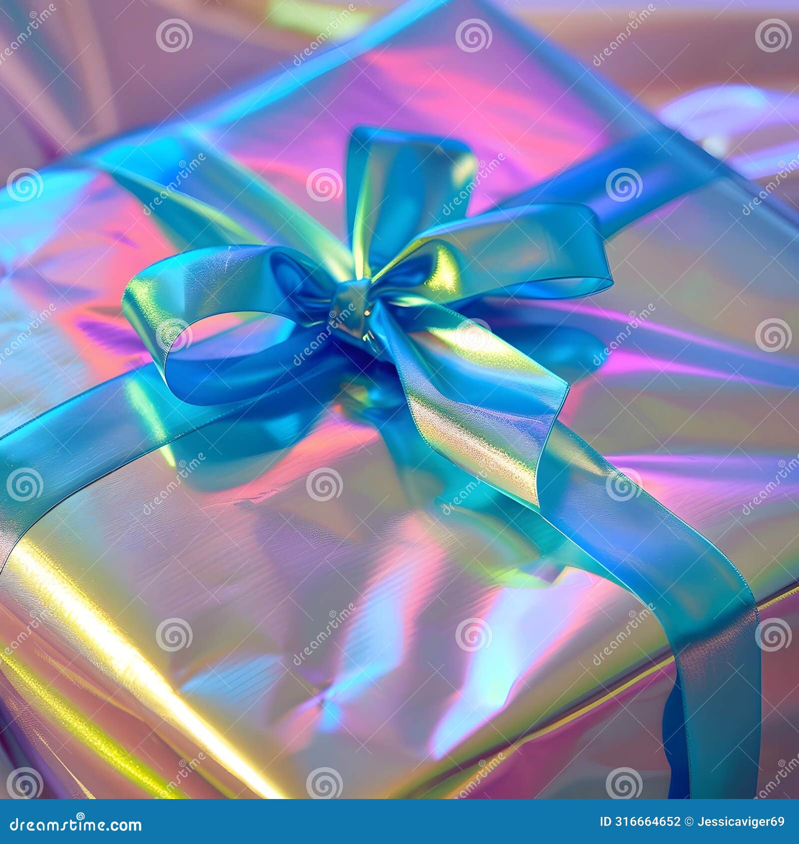 colorful gift box with blue ribbon, multicolor lights, chromatic