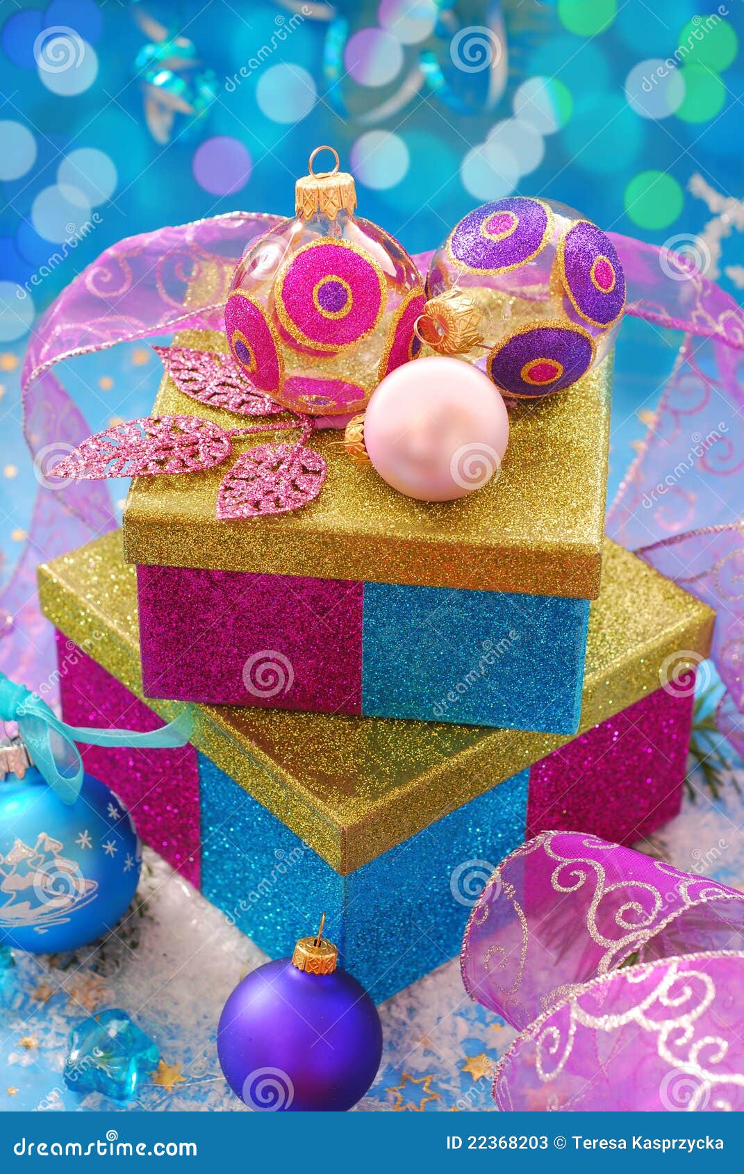 Colorful Gift Boxes with Christmas Baubles Stock Image Image of balls