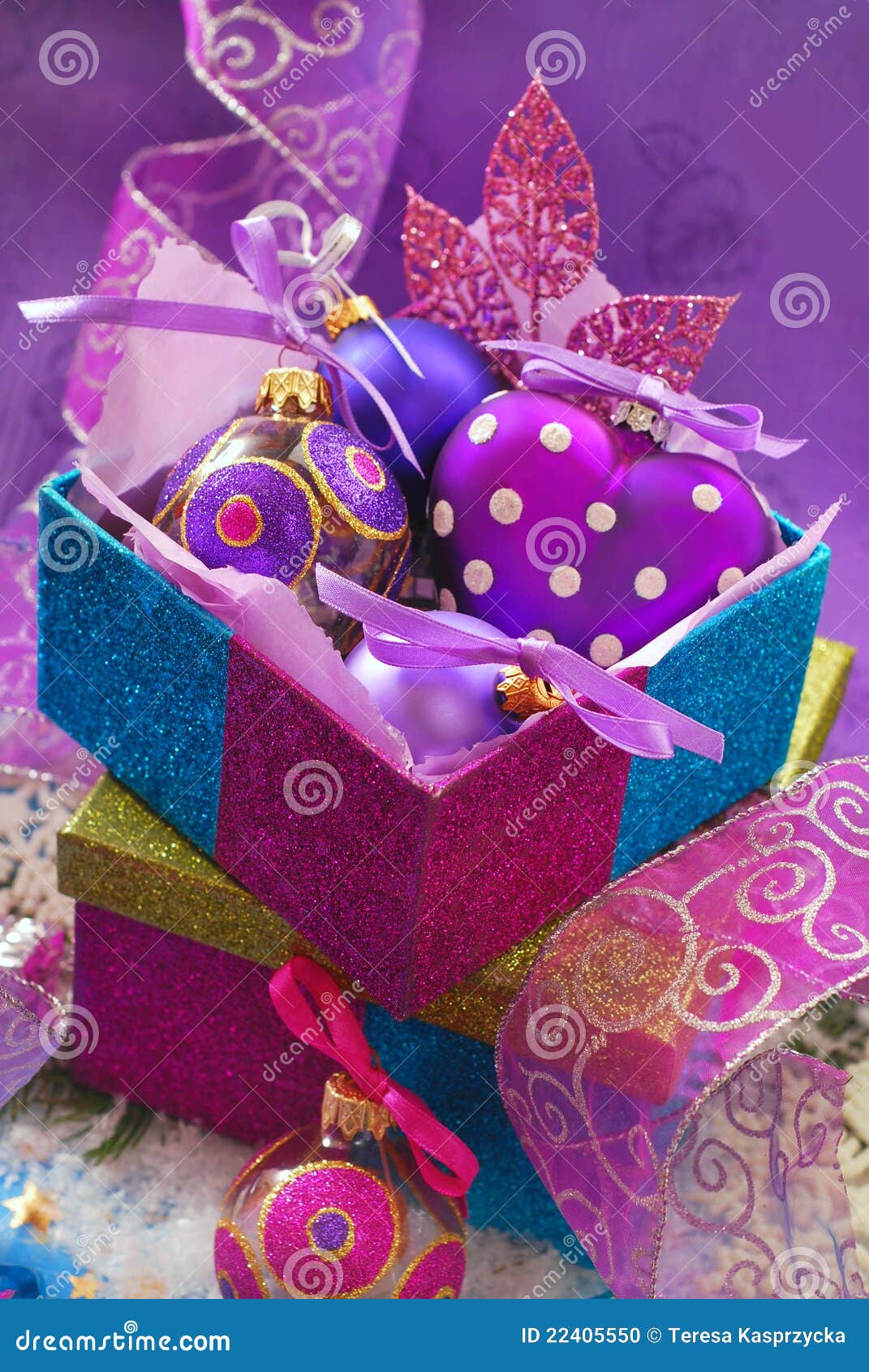 Colorful Gift Boxes with Christmas Baubles Stock Photo Image of shape