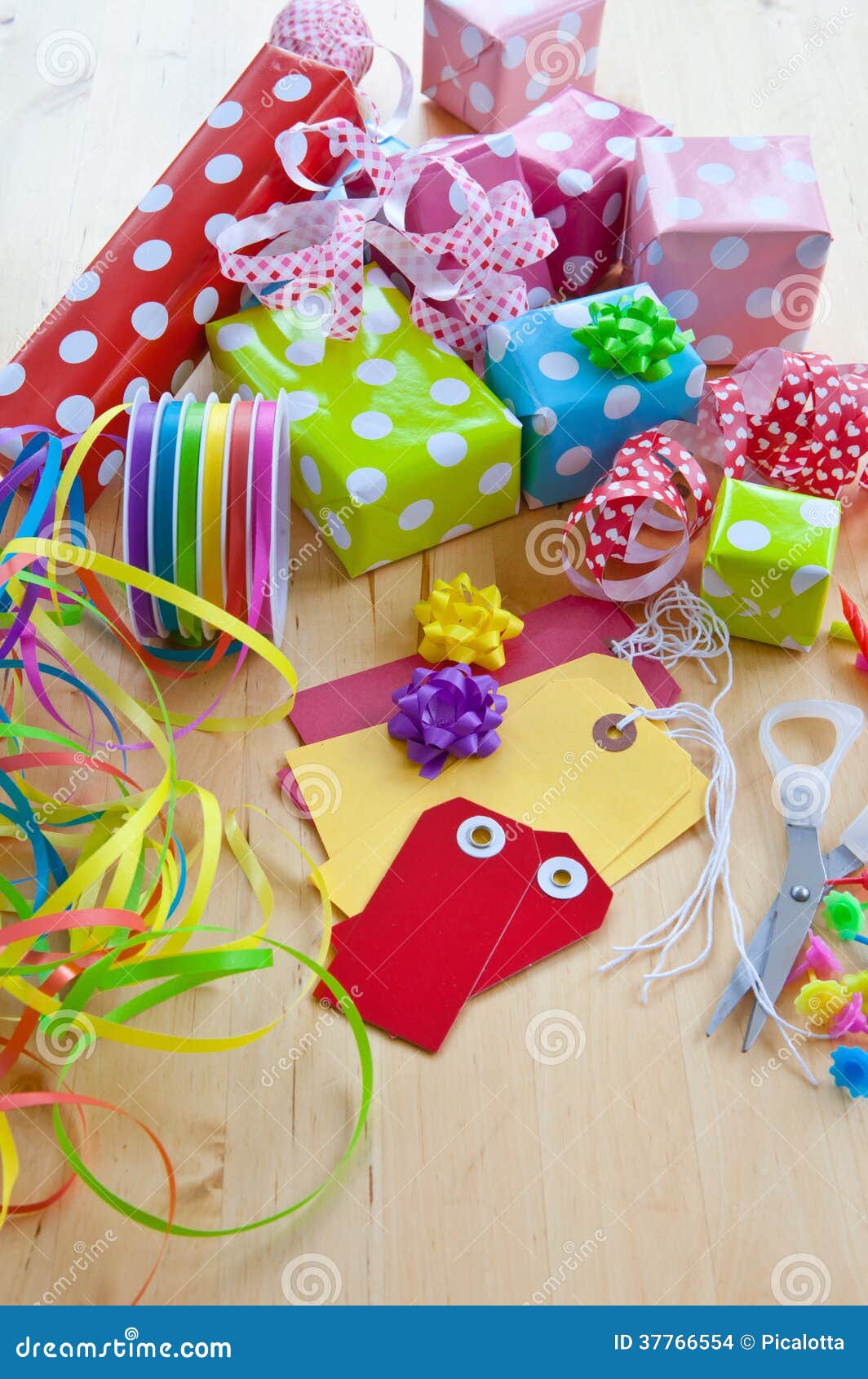 Colorful Gift Boxes Wrapped in Dotted Paper Stock Photo Image of time