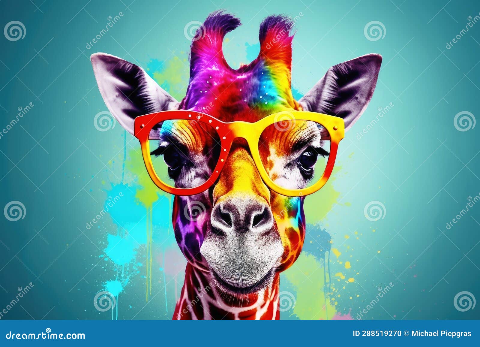 A Colorful Giraffe with Glasses in Vibrant Colors Stock Illustration