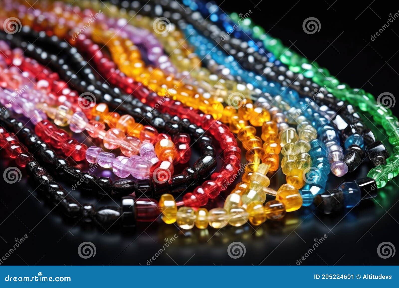 Colorful Glass Bead Chains Arranged on a Black Surface Stock Image