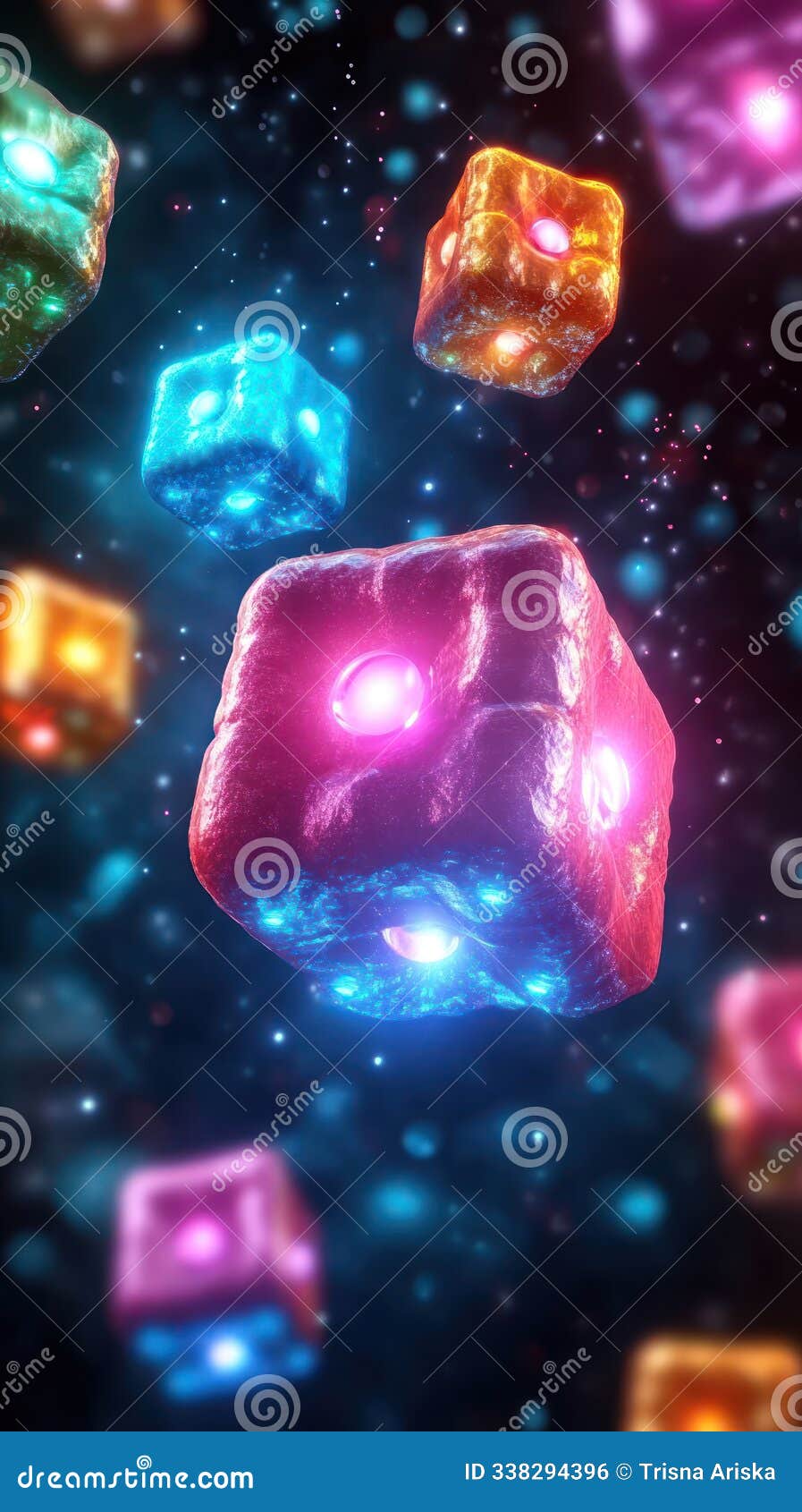 colorful, glowing cubes floating in a cosmic background, suggesting a digital or abstract theme