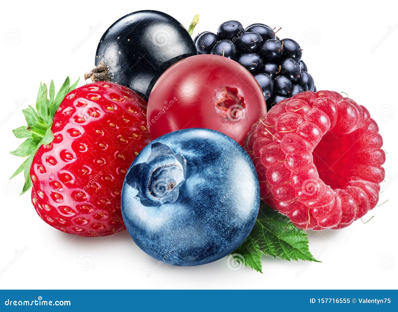 colorful group of mixed berries with leaves on white background. clipping path
